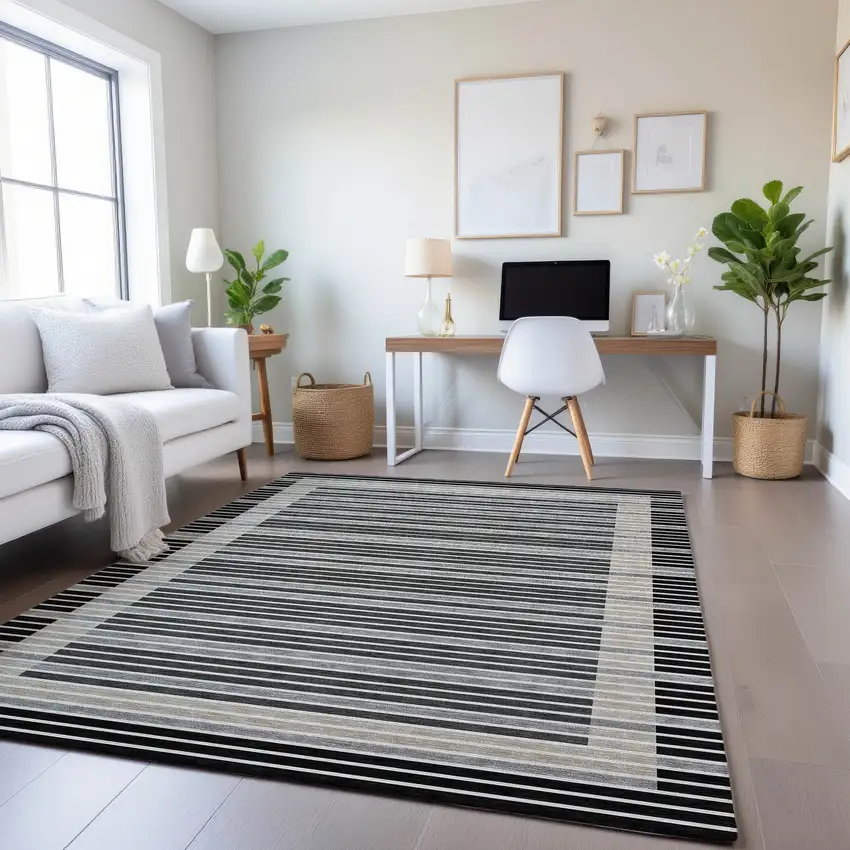 8' Black Gray And Silver Striped Washable Area Rug With UV Protection Photo 5