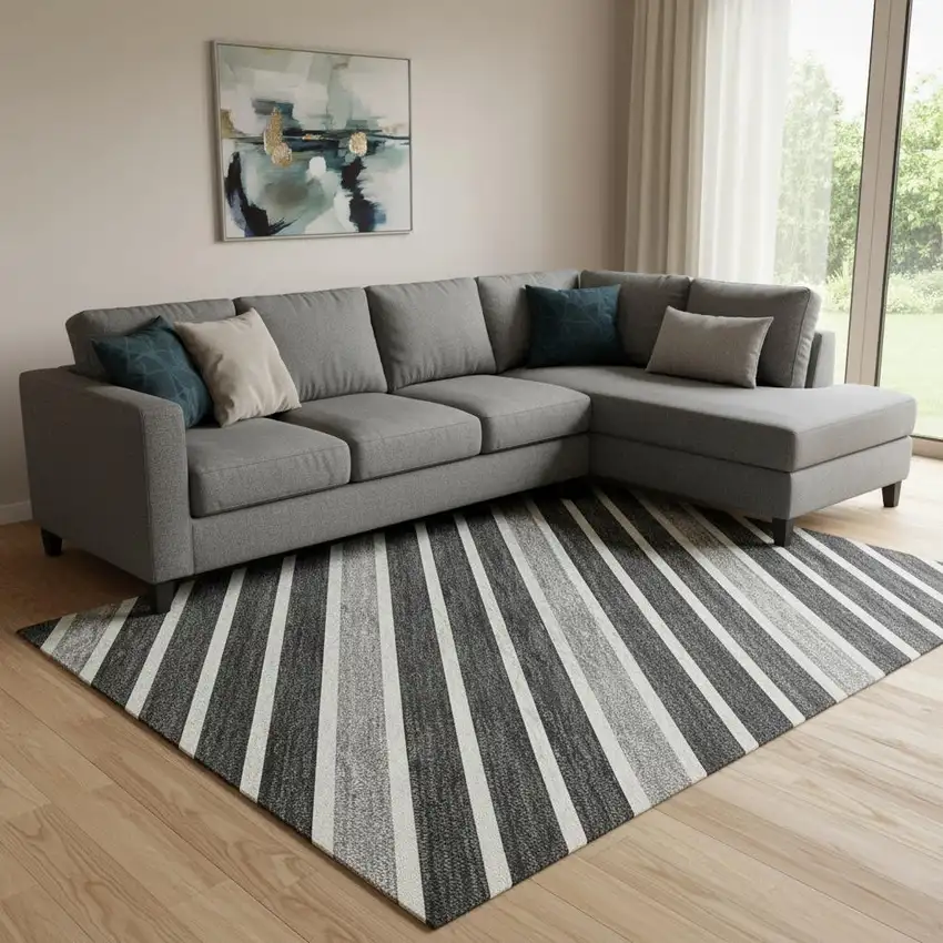 8' Black Gray And Silver Striped Washable Area Rug With UV Protection Photo 2