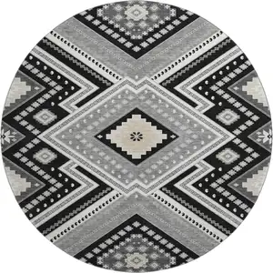 Photo of 8' Black Gray And Silver Tribal Washable Round Rug With UV Protection