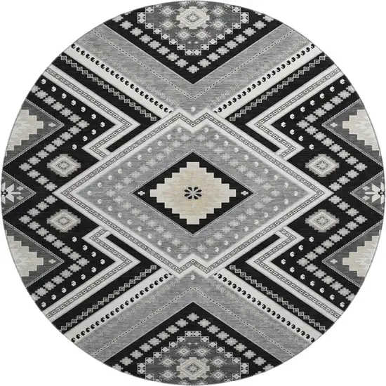 8' Black Gray And Silver Tribal Washable Round Rug With UV Protection Photo 1