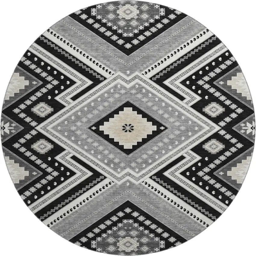 8' Black Gray And Silver Tribal Washable Round Rug With UV Protection Photo 1