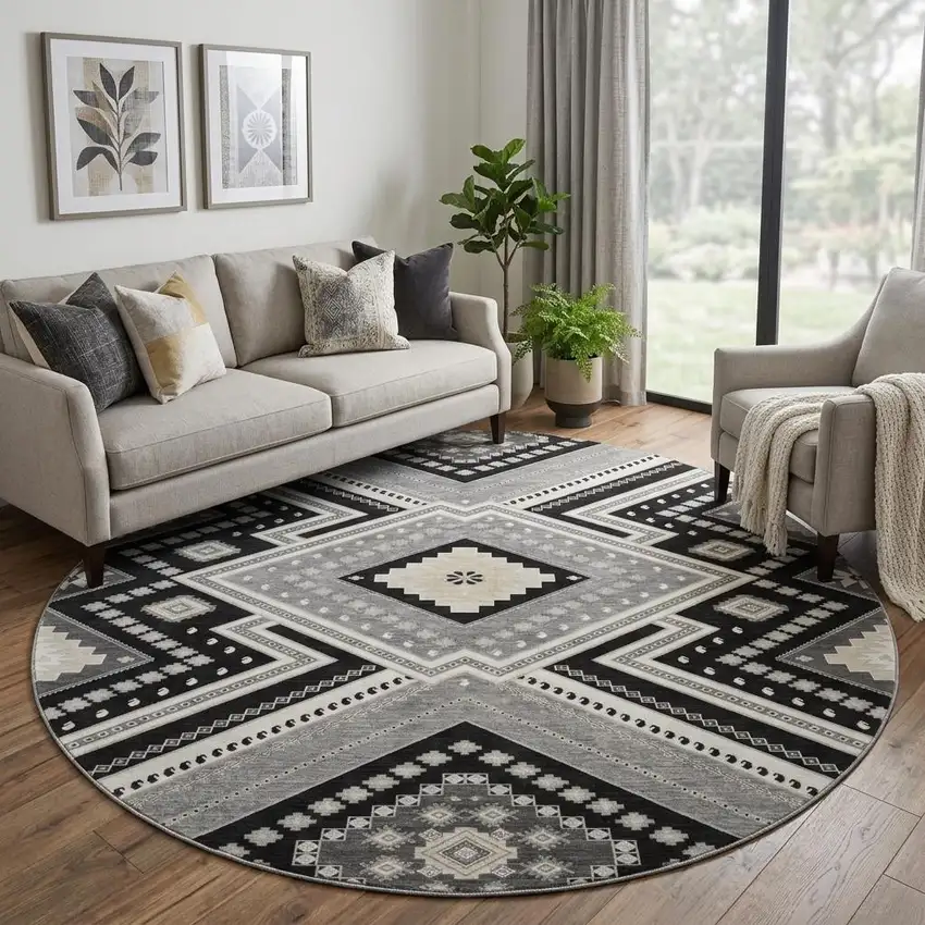 8' Black Gray And Silver Tribal Washable Round Rug With UV Protection Photo 1