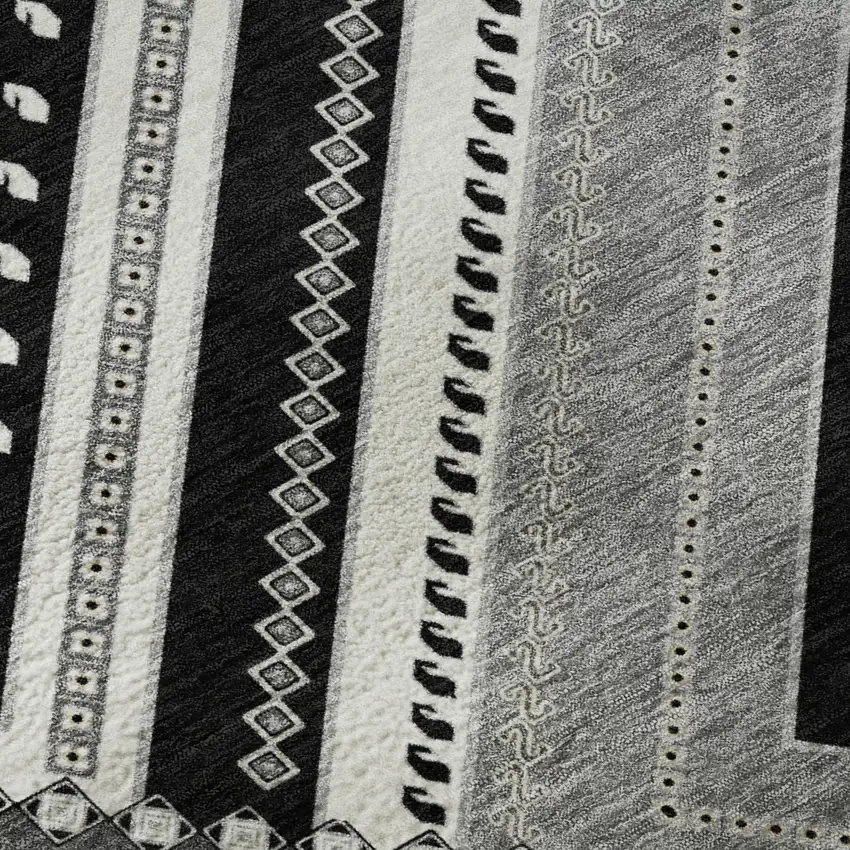 8' Black Gray And Silver Tribal Washable Round Rug With UV Protection Photo 7