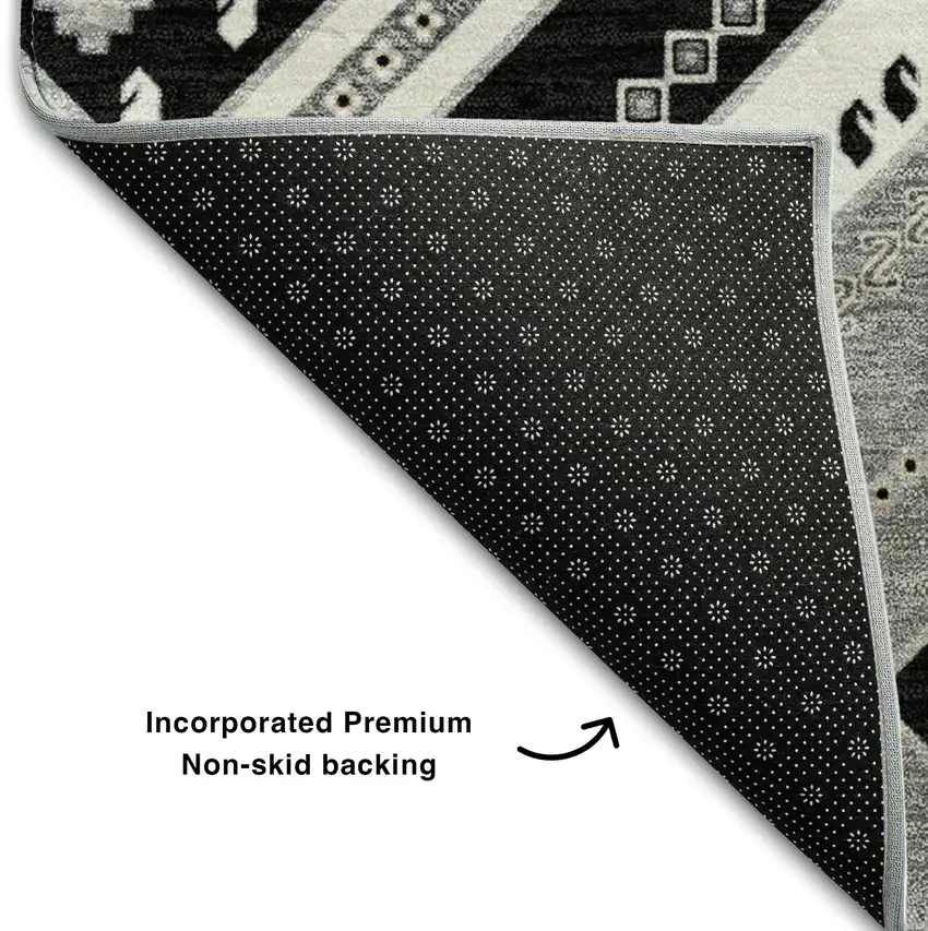 8' Black Gray And Silver Tribal Washable Round Rug With UV Protection Photo 4