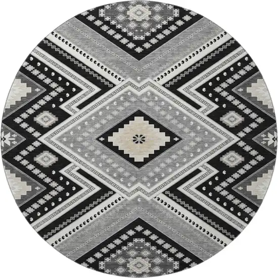 8' Black Gray And Silver Tribal Washable Round Rug With UV Protection Photo 2
