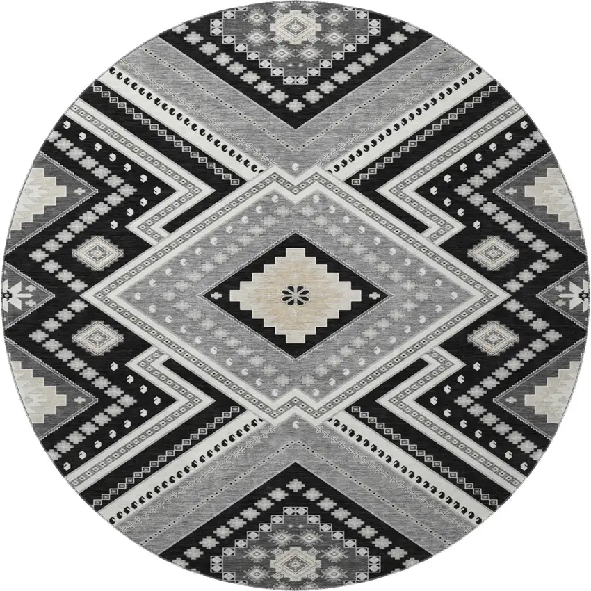 8' Black Gray And Silver Tribal Washable Round Rug With UV Protection Photo 2