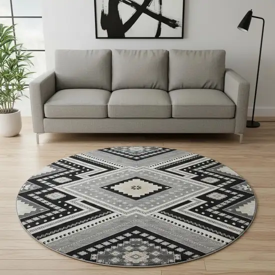 8' Black Gray And Silver Tribal Washable Round Rug With UV Protection Photo 2