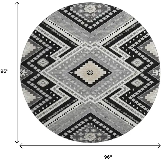 8' Black Gray And Silver Tribal Washable Round Rug With UV Protection Photo 8