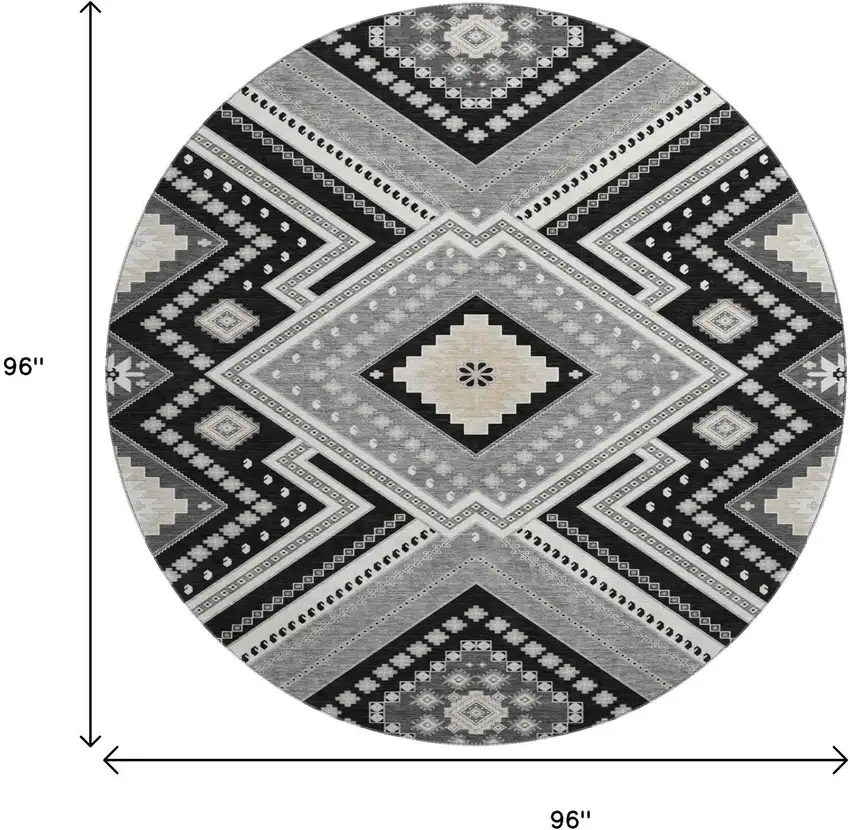 8' Black Gray And Silver Tribal Washable Round Rug With UV Protection Photo 8