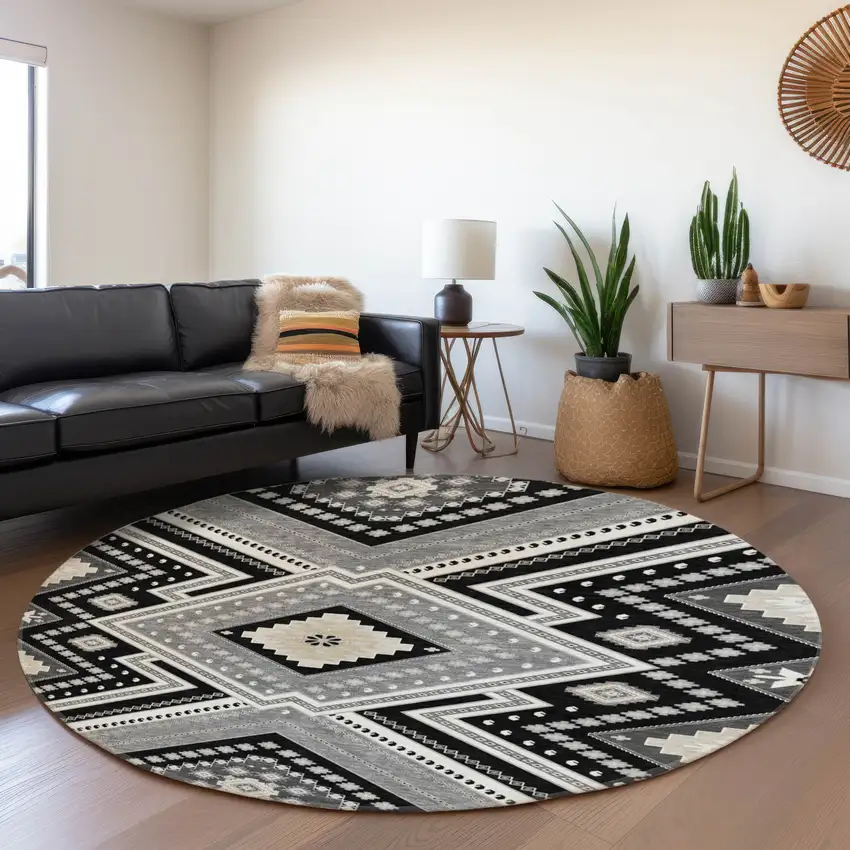 8' Black Gray And Silver Tribal Washable Round Rug With UV Protection Photo 3
