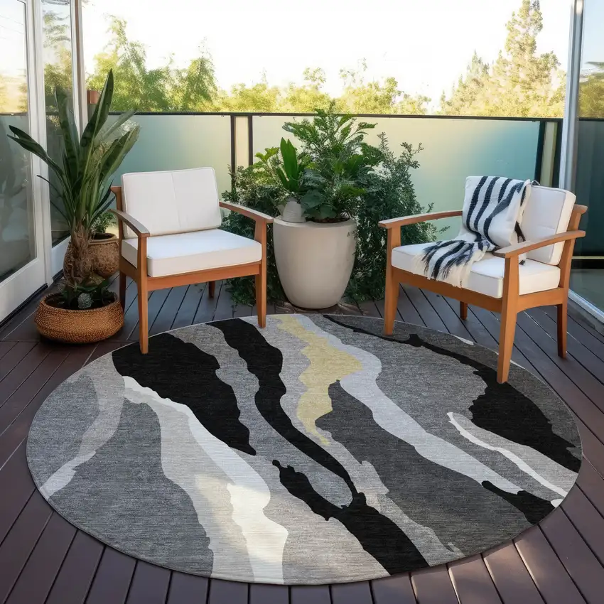 8' Black Gray And Tan Round Abstract Washable Indoor Outdoor Area Rug Photo 8