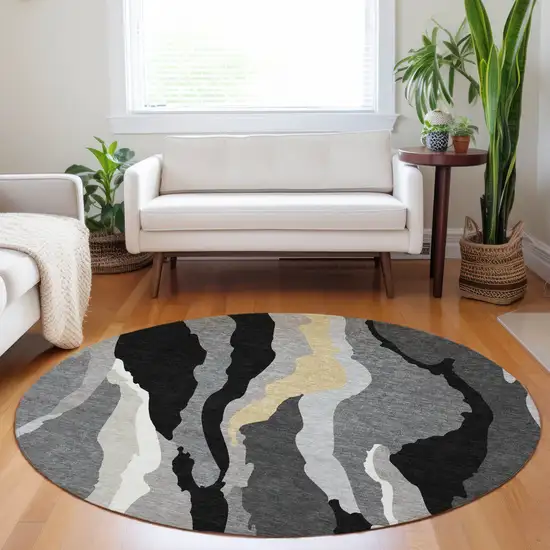 8' Black Gray And Tan Round Abstract Washable Indoor Outdoor Area Rug Photo 9