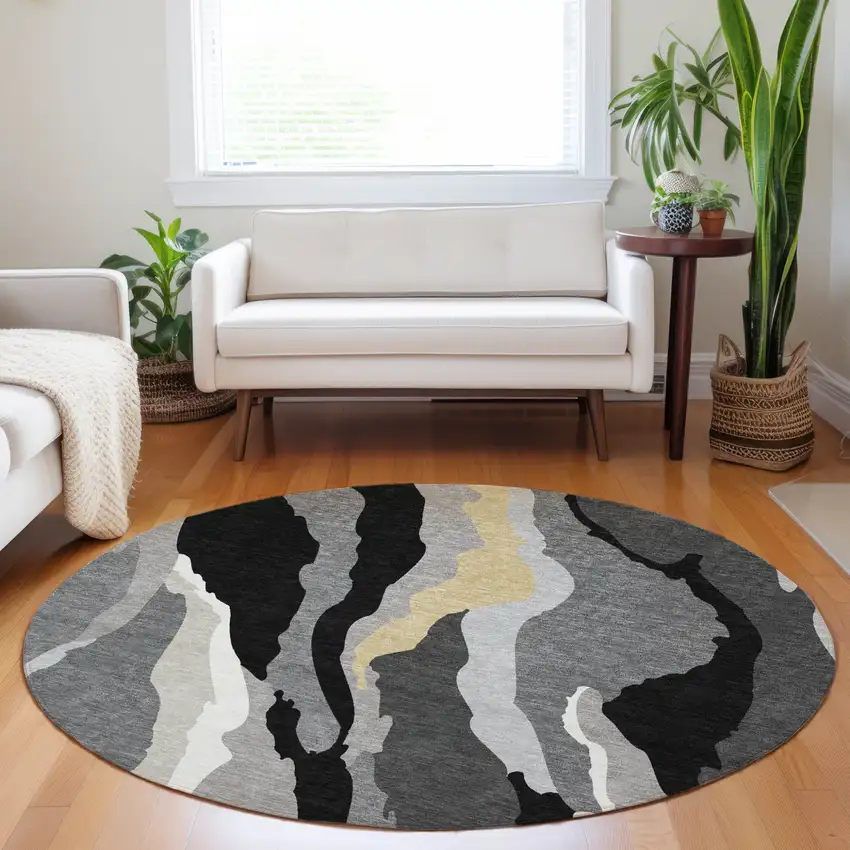 8' Black Gray And Tan Round Abstract Washable Indoor Outdoor Area Rug Photo 9