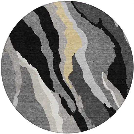 8' Black Gray And Tan Round Abstract Washable Indoor Outdoor Area Rug Photo 2