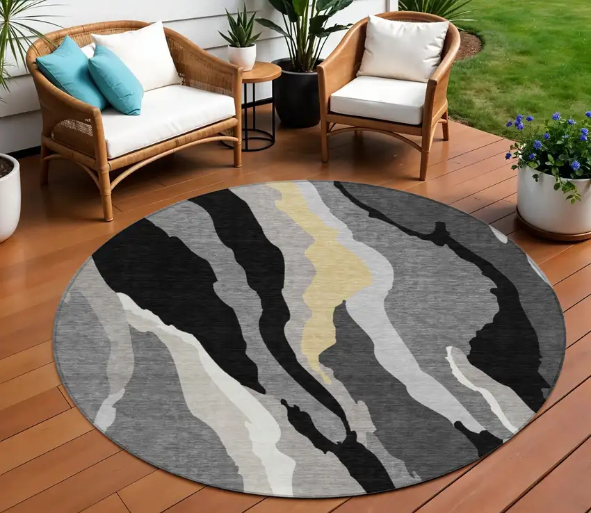 8' Black Gray And Tan Round Abstract Washable Indoor Outdoor Area Rug Photo 1