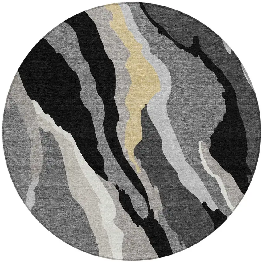 8' Black Gray And Tan Round Abstract Washable Indoor Outdoor Area Rug Photo 7