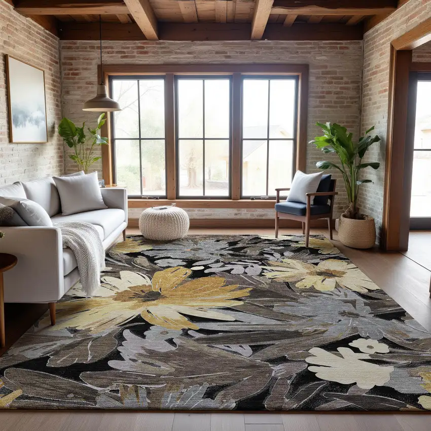 8' Black Gray And Wheat Floral Washable Area Rug With UV Protection Photo 5