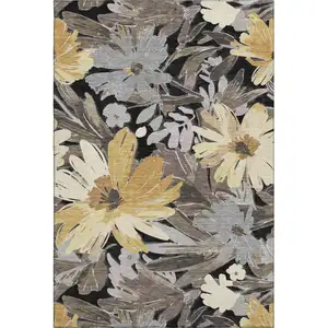 Photo of 8' Black Gray And Wheat Floral Washable Area Rug With UV Protection