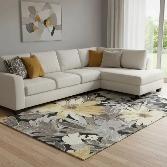 8' Black Gray And Wheat Floral Washable Area Rug With UV Protection Photo 2