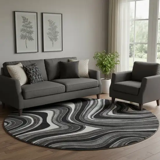 8' Black Gray And White Marble Washable Round Rug With UV Protection Photo 1