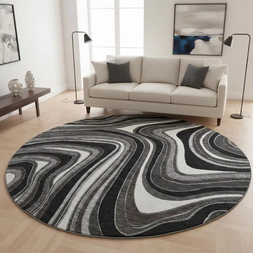 8' Black Gray And White Marble Washable Round Rug With UV Protection Photo 2