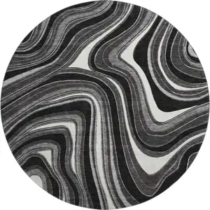 Photo of 8' Black Gray And White Marble Washable Round Rug With UV Protection