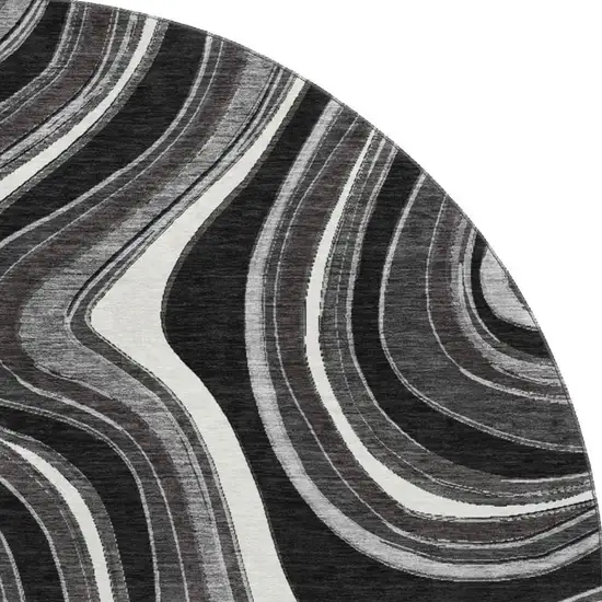8' Black Gray And White Marble Washable Round Rug With UV Protection Photo 4