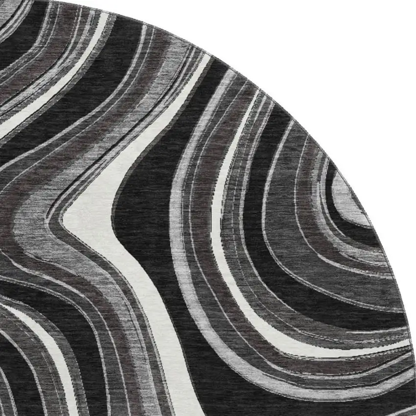 8' Black Gray And White Marble Washable Round Rug With UV Protection Photo 4