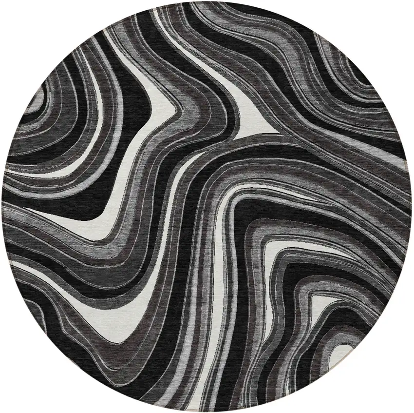 8' Black Gray And White Round Abstract Washable Indoor Outdoor Area Rug Photo 4