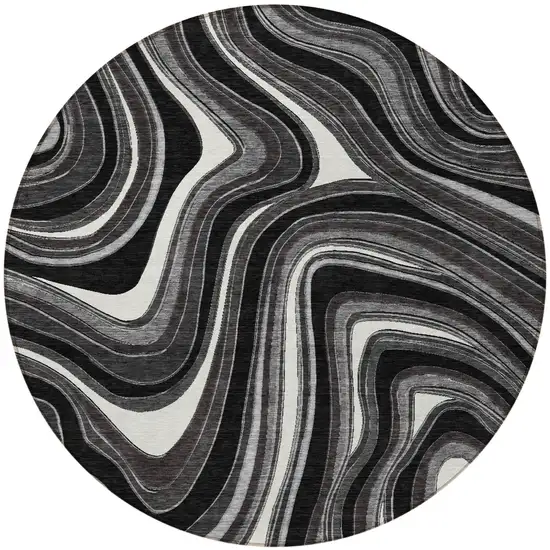 8' Black Gray And White Round Abstract Washable Indoor Outdoor Area Rug Photo 4