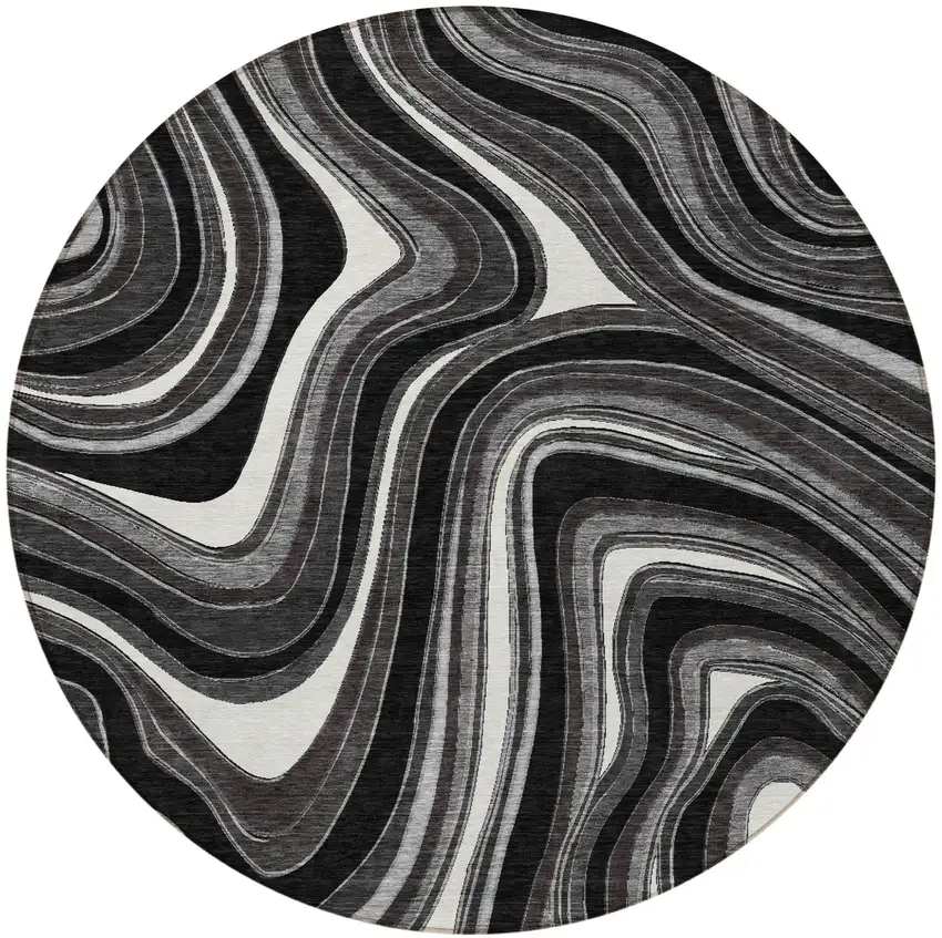 8' Black Gray And White Round Abstract Washable Indoor Outdoor Area Rug Photo 4