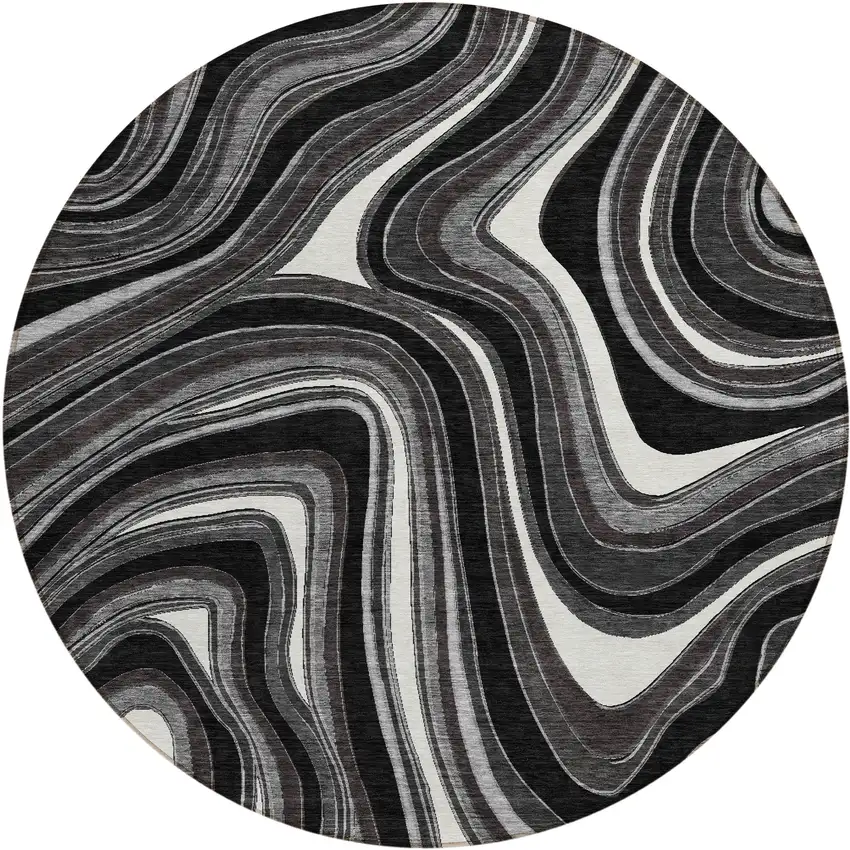 8' Black Gray And White Round Abstract Washable Indoor Outdoor Area Rug Photo 1