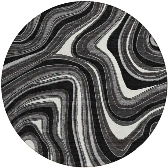 8' Black Gray And White Round Abstract Washable Indoor Outdoor Area Rug Photo 1