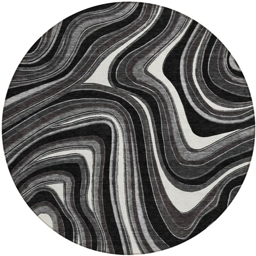 8' Black Gray And White Round Abstract Washable Indoor Outdoor Area Rug Photo 1