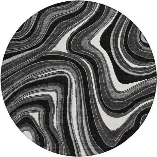 8' Black Gray And White Round Abstract Washable Indoor Outdoor Area Rug Photo 1