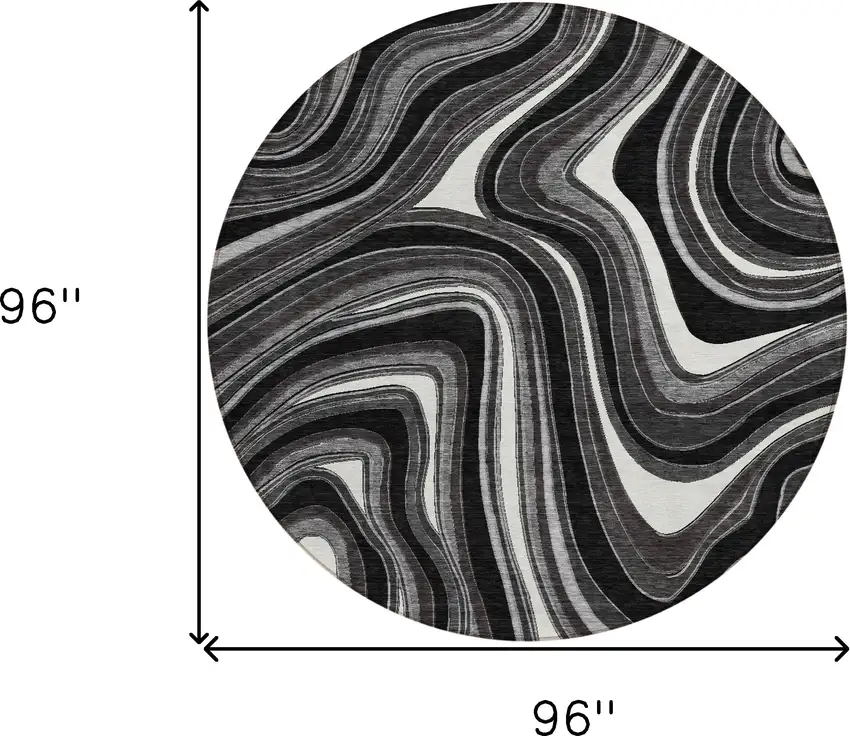 8' Black Gray And White Round Abstract Washable Indoor Outdoor Area Rug Photo 7