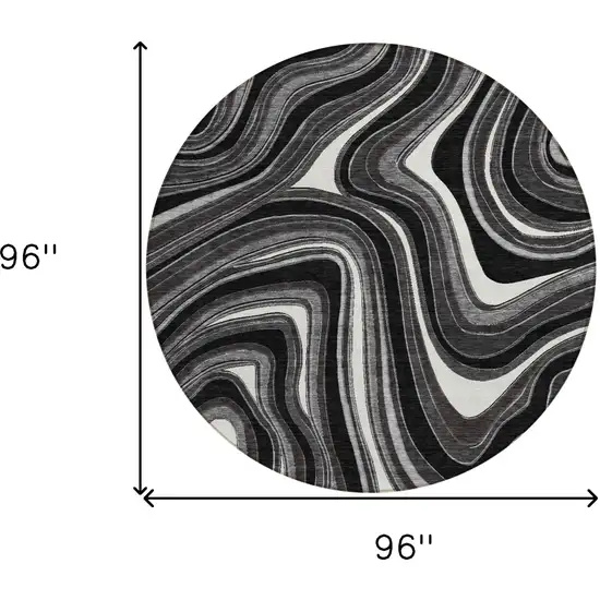 8' Black Gray And White Round Abstract Washable Indoor Outdoor Area Rug Photo 7
