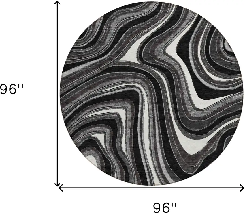 8' Black Gray And White Round Abstract Washable Indoor Outdoor Area Rug Photo 7