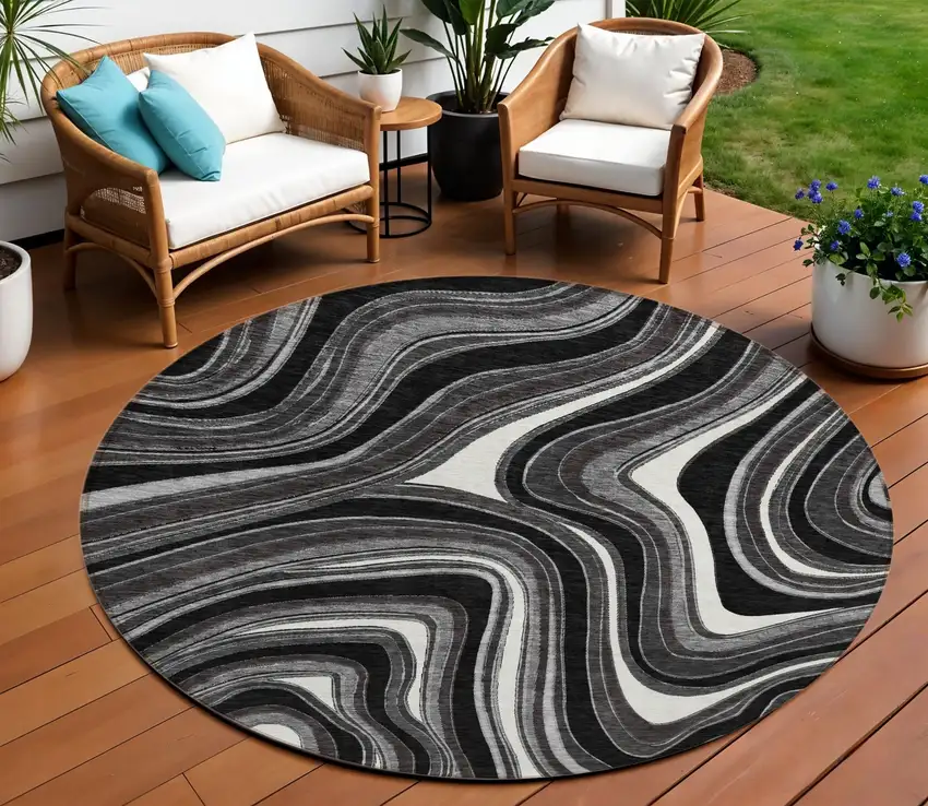 8' Black Gray And White Round Abstract Washable Indoor Outdoor Area Rug Photo 1