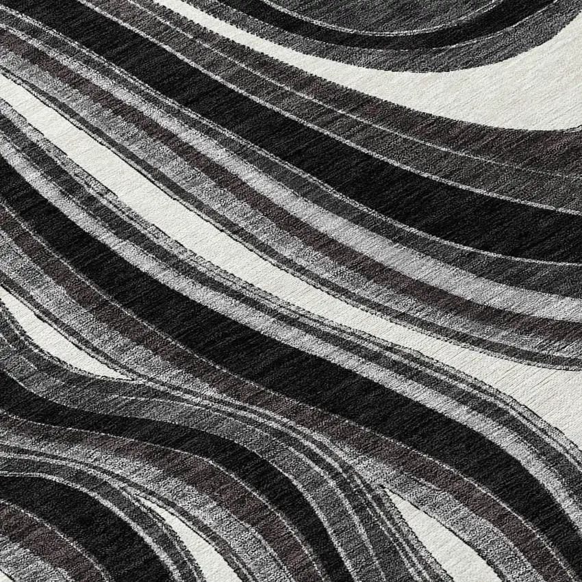 8' Black Gray And White Round Abstract Washable Indoor Outdoor Area Rug Photo 8