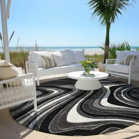 8' Black Gray And White Round Abstract Washable Indoor Outdoor Area Rug Photo 5