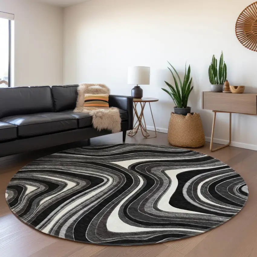 8' Black Gray And White Round Abstract Washable Indoor Outdoor Area Rug Photo 6
