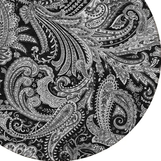 8' Black Gray And White Round Paisley Washable Indoor Outdoor Area Rug Photo 4