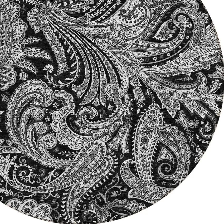 8' Black Gray And White Round Paisley Washable Indoor Outdoor Area Rug Photo 4