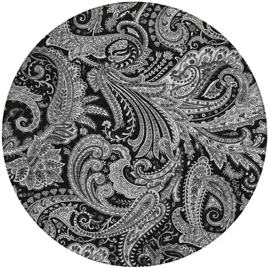 8' Black Gray And White Round Paisley Washable Indoor Outdoor Area Rug Photo 2