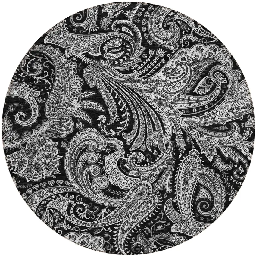 8' Black Gray And White Round Paisley Washable Indoor Outdoor Area Rug Photo 2