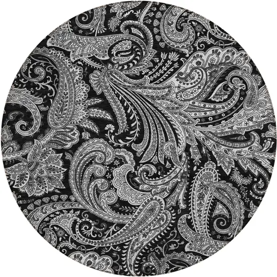 8' Black Gray And White Round Paisley Washable Indoor Outdoor Area Rug Photo 2