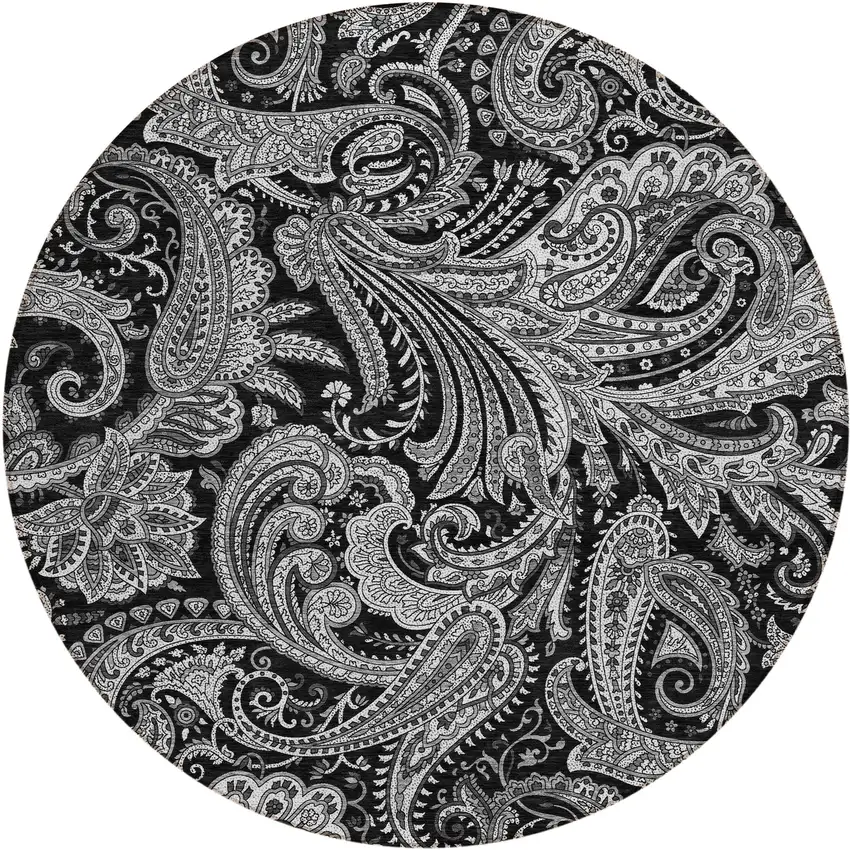 8' Black Gray And White Round Paisley Washable Indoor Outdoor Area Rug Photo 2