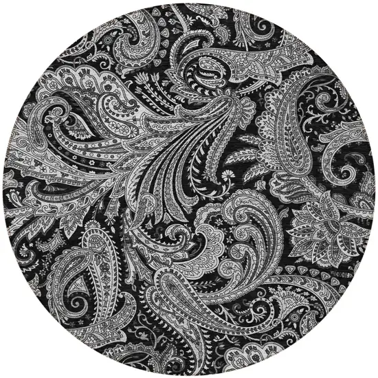 8' Black Gray And White Round Paisley Washable Indoor Outdoor Area Rug Photo 5