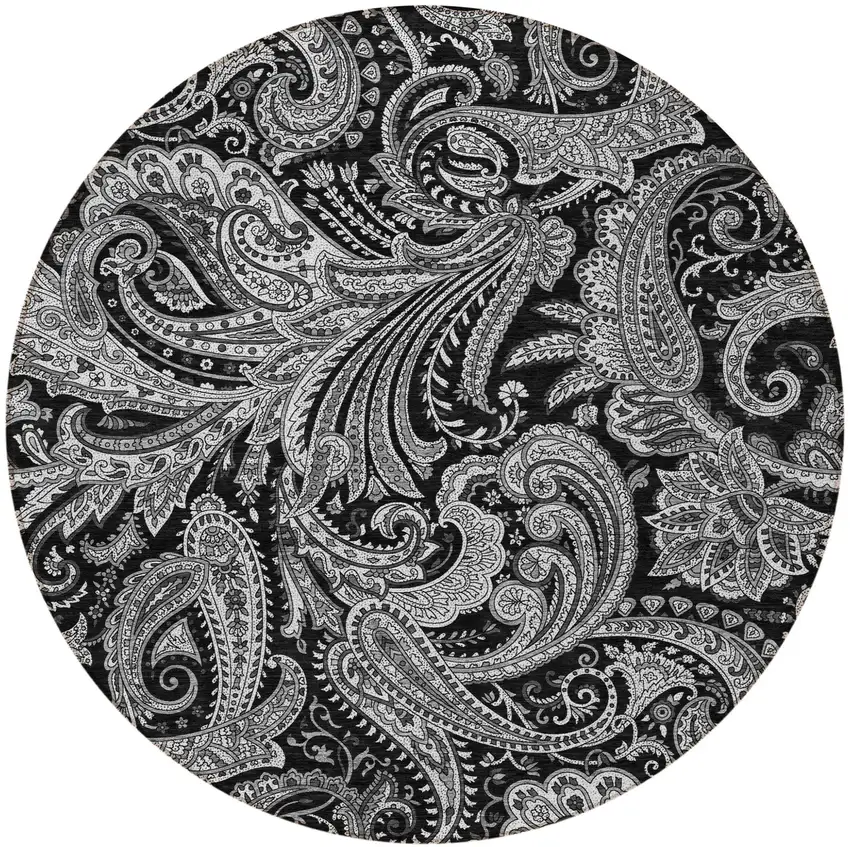 8' Black Gray And White Round Paisley Washable Indoor Outdoor Area Rug Photo 5